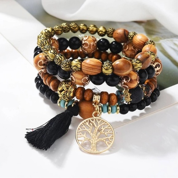 4PC Tree Tassel and Charm Beaded Bracelet Set - Picture 1 of 3